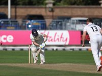 Lancashire's Tom Aspinwall traps Durham's Ollie Robinson leg before during the Vitality County Championship match between Durham Cricket and...