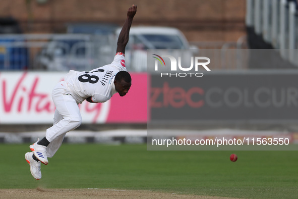 Anderson Phillip bowls for Lancashire during the Vitality County Championship match between Durham Cricket and Lancashire at the Seat Unique...