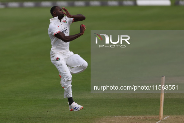 Anderson Phillip bowls for Lancashire during the Vitality County Championship match between Durham Cricket and Lancashire at the Seat Unique...