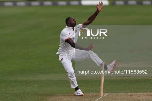 Anderson Phillip bowls for Lancashire during the Vitality County Championship match between Durham Cricket and Lancashire at the Seat Unique...