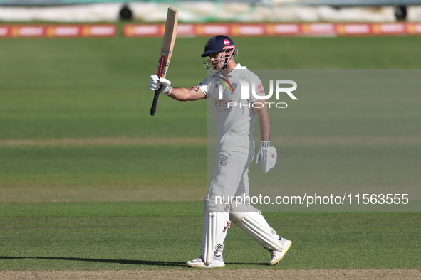 David Bedingham of Durham celebrates his fifty during the Vitality County Championship match between Durham Cricket and Lancashire at the Se...