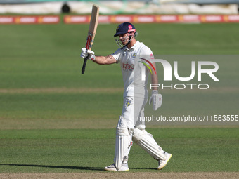 David Bedingham of Durham celebrates his fifty during the Vitality County Championship match between Durham Cricket and Lancashire at the Se...