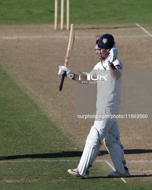 David Bedingham of Durham celebrates his hundred during the Vitality County Championship match between Durham Cricket and Lancashire at the...