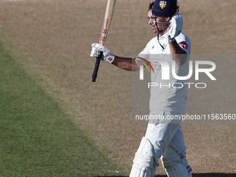 David Bedingham of Durham celebrates his hundred during the Vitality County Championship match between Durham Cricket and Lancashire at the...