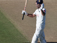 David Bedingham of Durham celebrates his hundred during the Vitality County Championship match between Durham Cricket and Lancashire at the...