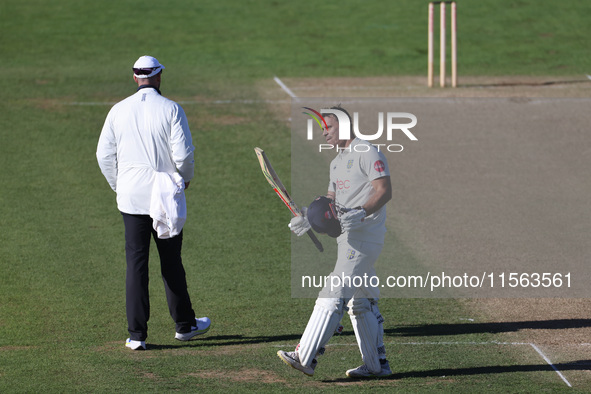 David Bedingham of Durham celebrates his hundred during the Vitality County Championship match between Durham Cricket and Lancashire at the...