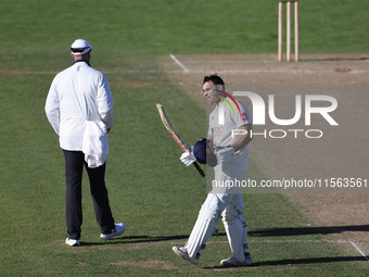 David Bedingham of Durham celebrates his hundred during the Vitality County Championship match between Durham Cricket and Lancashire at the...