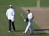 David Bedingham of Durham celebrates his hundred during the Vitality County Championship match between Durham Cricket and Lancashire at the...