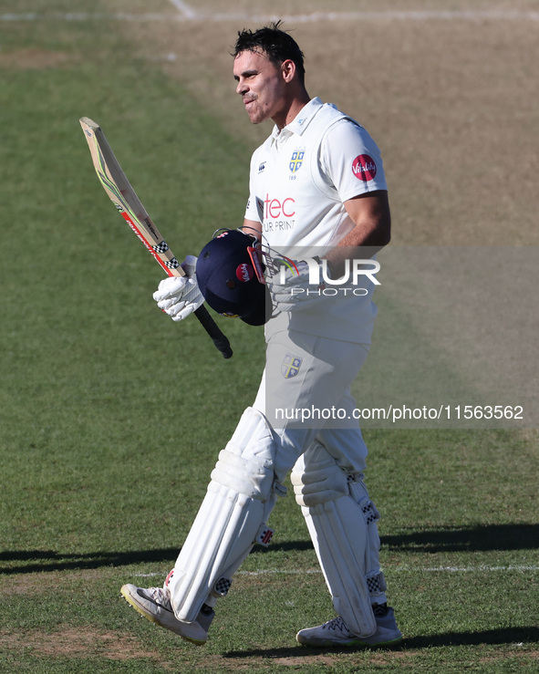 David Bedingham of Durham celebrates his hundred during the Vitality County Championship match between Durham Cricket and Lancashire at the...