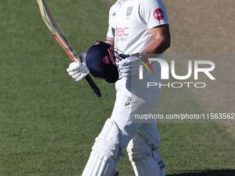 David Bedingham of Durham celebrates his hundred during the Vitality County Championship match between Durham Cricket and Lancashire at the...