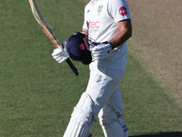 David Bedingham of Durham celebrates his hundred during the Vitality County Championship match between Durham Cricket and Lancashire at the...