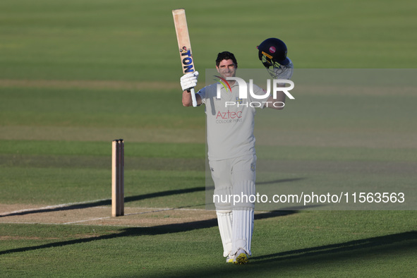 Colin Ackerman celebrates his hundred during the Vitality County Championship match between Durham Cricket and Lancashire at the Seat Unique...