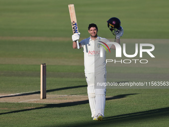 Colin Ackerman celebrates his hundred during the Vitality County Championship match between Durham Cricket and Lancashire at the Seat Unique...