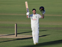 Colin Ackerman celebrates his hundred during the Vitality County Championship match between Durham Cricket and Lancashire at the Seat Unique...