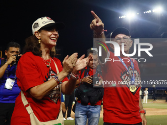 Isabel Granes and Alfredo Harp Helu celebrate after winning the 2024 Mexican Baseball League (LMB) King Series Championship at Estadio Mobil...