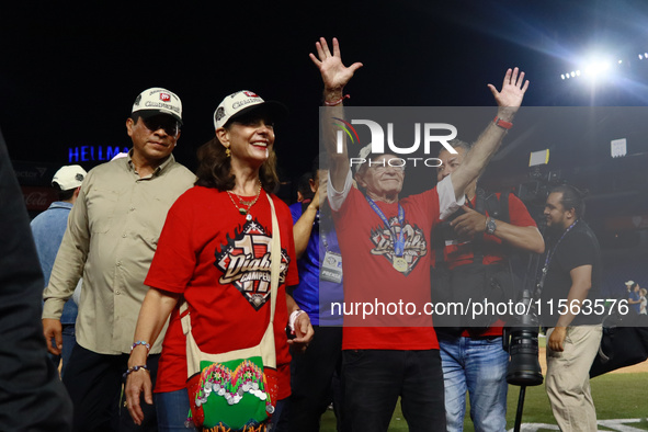 Isabel Granes and Alfredo Harp Helu celebrate after winning the 2024 Mexican Baseball League (LMB) King Series Championship at Estadio Mobil...