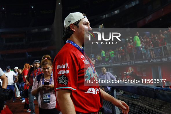 Trevor Bauer #96 of Diablos Rojos celebrates after winning the 2024 Mexican Baseball League (LMB) King Series Championship at Estadio Mobil...