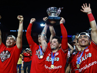 Juan Carlos Gamboa #47 of Diablos Rojos lifts the Zaachila cup after winning the 2024 Mexican Baseball League (LMB) King Series Championship...