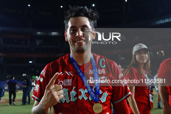 Juan Carlos Gamboa #47 of Diablos Rojos celebrates after winning the 2024 Mexican Baseball League (LMB) King Series Championship at Estadio...