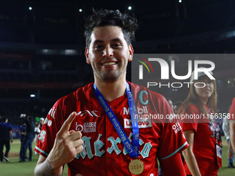 Juan Carlos Gamboa #47 of Diablos Rojos celebrates after winning the 2024 Mexican Baseball League (LMB) King Series Championship at Estadio...