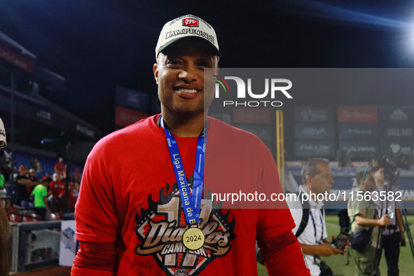 Robinson Cano #22 of Diablos Rojos celebrates after winning the 2024 Mexican Baseball League (LMB) King Series Championship at Estadio Mobil...