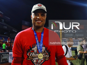 Robinson Cano #22 of Diablos Rojos celebrates after winning the 2024 Mexican Baseball League (LMB) King Series Championship at Estadio Mobil...