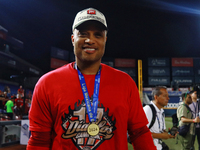 Robinson Cano #22 of Diablos Rojos celebrates after winning the 2024 Mexican Baseball League (LMB) King Series Championship at Estadio Mobil...