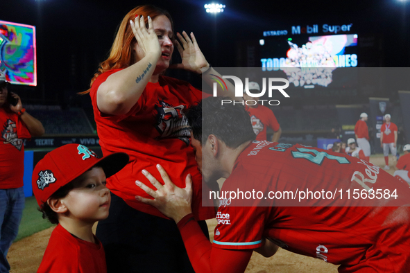 Juan Carlos Gamboa #47 of Diablos Rojos celebrates after winning the 2024 Mexican Baseball League (LMB) King Series Championship at Estadio...