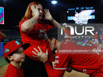 Juan Carlos Gamboa #47 of Diablos Rojos celebrates after winning the 2024 Mexican Baseball League (LMB) King Series Championship at Estadio...