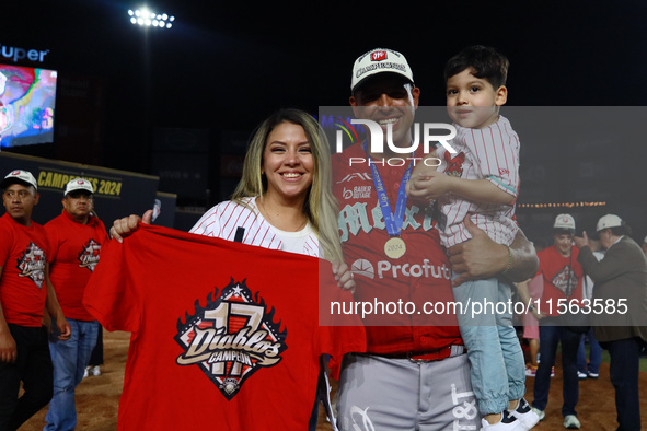 Jake Sanchez #48 of Diablos Rojos celebrates after winning the 2024 Mexican Baseball League (LMB) King Series Championship at Estadio Mobil...