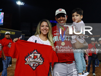 Jake Sanchez #48 of Diablos Rojos celebrates after winning the 2024 Mexican Baseball League (LMB) King Series Championship at Estadio Mobil...