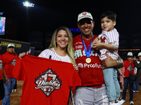 Jake Sanchez #48 of Diablos Rojos celebrates after winning the 2024 Mexican Baseball League (LMB) King Series Championship at Estadio Mobil...