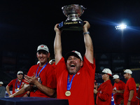 Othon Diaz lifts the Zaachila Cup after winning the 2024 Mexican Baseball League (LMB) King Series Championship at Estadio Mobil Super. Diab...