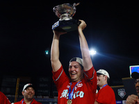 Trevor Bauer #96 of Diablos Rojos lifts the Zaachila Cup after winning the 2024 Mexican Baseball League (LMB) King Series Championship at Es...