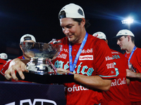 Trevor Bauer #96 of Diablos Rojos lifts the Zaachila Cup after winning the 2024 Mexican Baseball League (LMB) King Series Championship at Es...