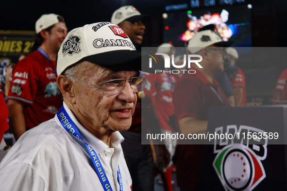 Alfredo Harp Helu, president of Diablos Rojos, celebrates after winning the 2024 Mexican Baseball League (LMB) King Series Championship at E...