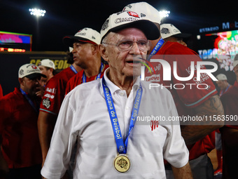 Alfredo Harp Helu, president of Diablos Rojos, celebrates after winning the 2024 Mexican Baseball League (LMB) King Series Championship at E...