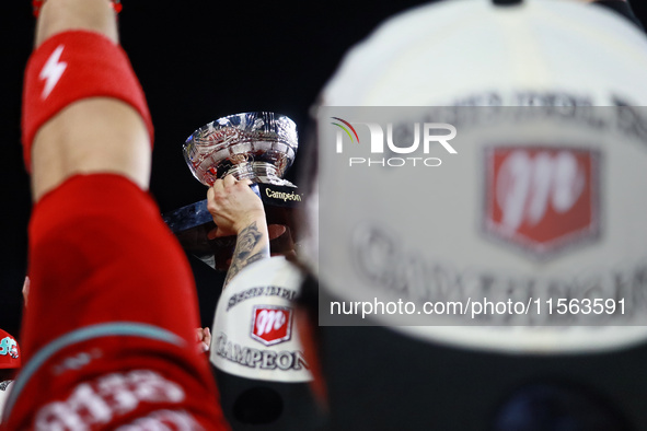 Diablos Rojos teammates celebrate after winning the 2024 Mexican Baseball League (LMB) King Series Championship at Estadio Mobil Super. Diab...