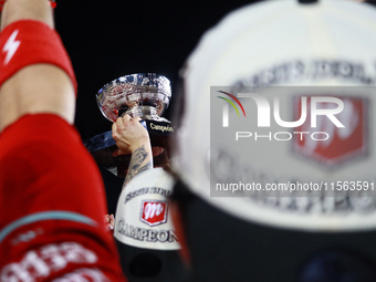 Diablos Rojos teammates celebrate after winning the 2024 Mexican Baseball League (LMB) King Series Championship at Estadio Mobil Super. Diab...