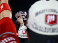 Diablos Rojos teammates celebrate after winning the 2024 Mexican Baseball League (LMB) King Series Championship at Estadio Mobil Super. Diab...