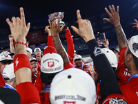 Diablos Rojos teammates celebrate after winning the 2024 Mexican Baseball League (LMB) King Series Championship at Estadio Mobil Super. Diab...