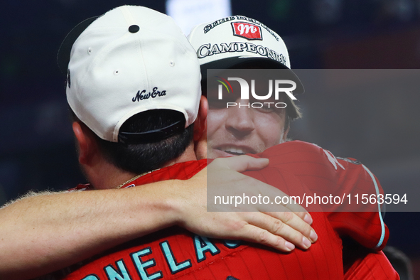 Trevor Bauer #96 of Diablos Rojos celebrates after winning the 2024 Mexican Baseball League (LMB) King Series Championship at Estadio Mobil...