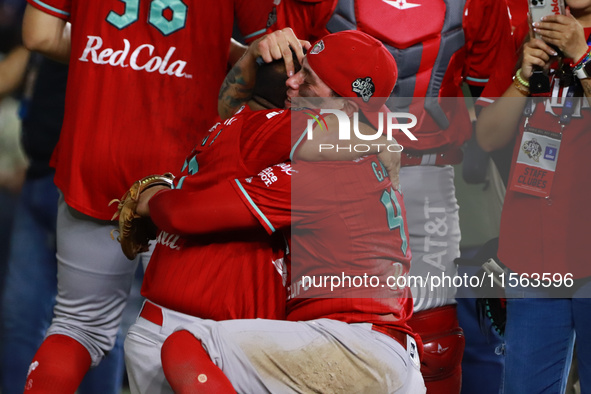 Juan Carlos Gamboa #47 of Diablos Rojos celebrates after winning the 2024 Mexican Baseball League (LMB) King Series Championship at Estadio...