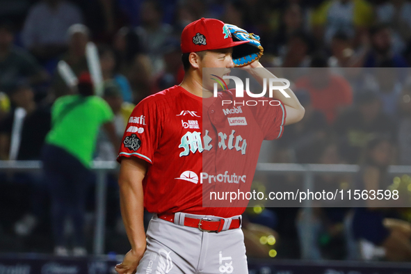 Tomohiro Anraku #20 of Diablos Rojos pitches the ball during the 2024 Mexican Baseball League (LMB) King Series Championship match between D...