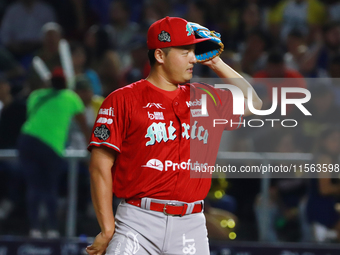 Tomohiro Anraku #20 of Diablos Rojos pitches the ball during the 2024 Mexican Baseball League (LMB) King Series Championship match between D...