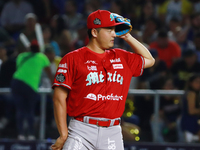 Tomohiro Anraku #20 of Diablos Rojos pitches the ball during the 2024 Mexican Baseball League (LMB) King Series Championship match between D...