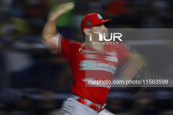 Edwin Fierro #58 of Diablos Rojos pitches the ball during the 2024 Mexican Baseball League (LMB) King Series Championship match between Diab...