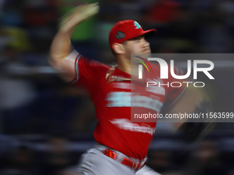 Edwin Fierro #58 of Diablos Rojos pitches the ball during the 2024 Mexican Baseball League (LMB) King Series Championship match between Diab...