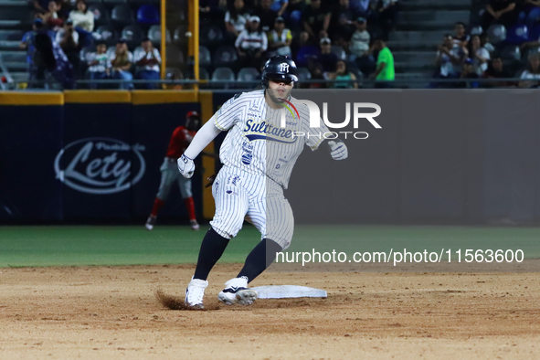 Carlos Soto #8 of Sultanes de Monterrey stands at second base during the 2024 Mexican Baseball League (LMB) King Series Championship match b...