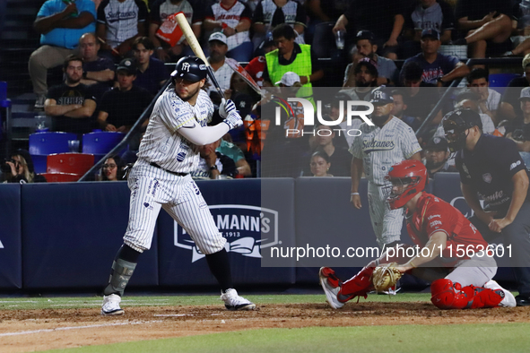 Carlos Soto #8 of Sultanes de Monterrey bats during the 2024 Mexican Baseball League (LMB) King Series Championship match between Diablos Ro...